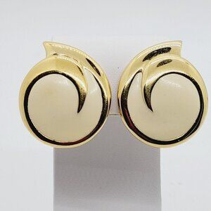 Vintage Monet Gold Cream Enamel Post Earrings Swirl Retro Signed 1.25" EUC